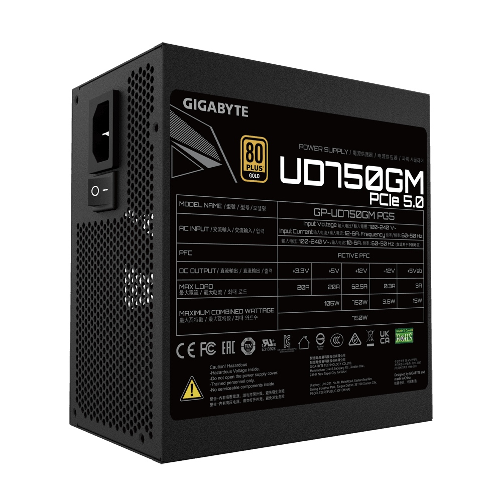 Fuente de Poder Gigabyte UD750GM PG5 750W 80+ Gold ATX 3.0 PCIe 5.0 vista 3