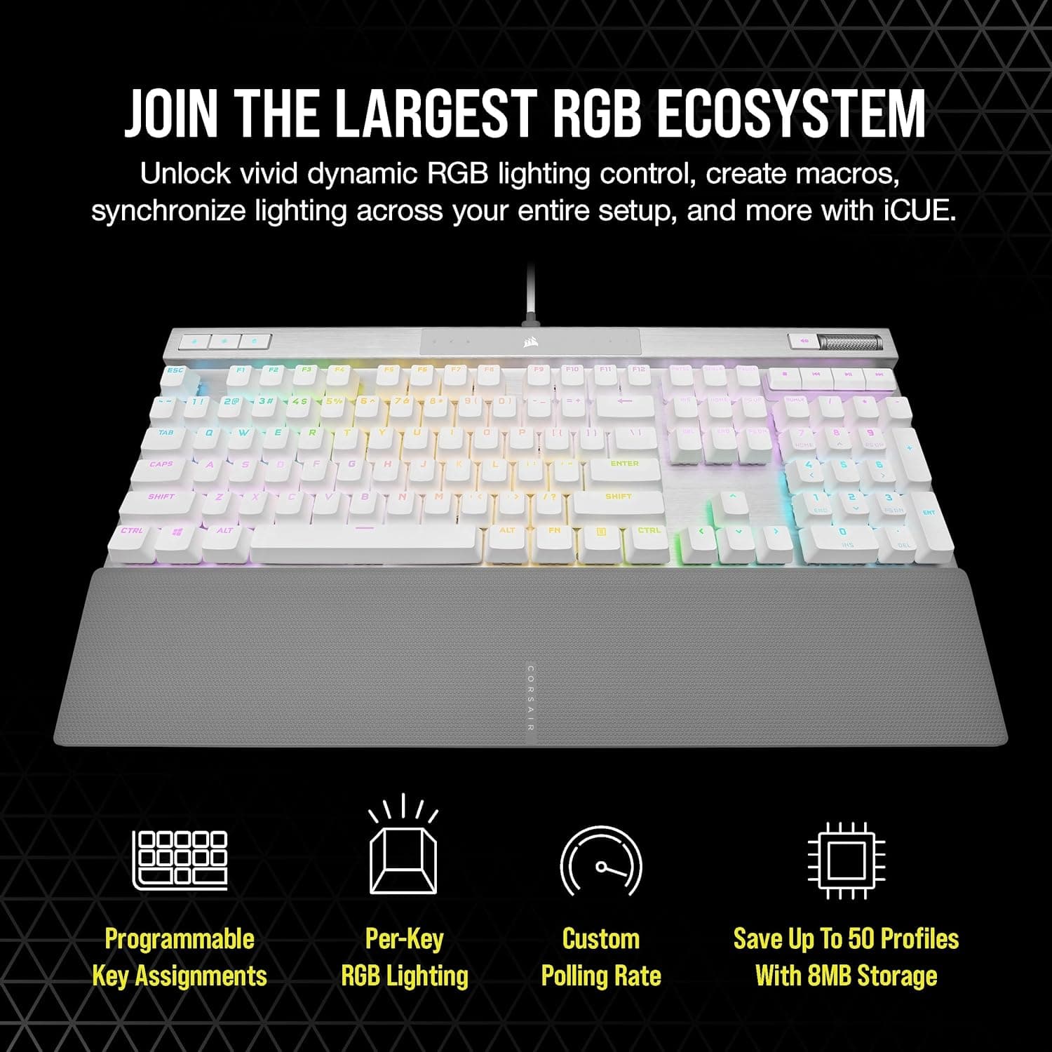 Teclado Óptico-Mecánico Corsair K70 PRO RGB — OPX, PBT Double-Shot, 8000Hz, Blanco vista 3