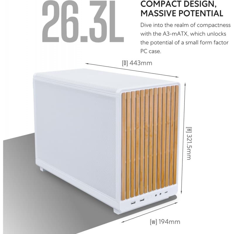 Gabinete Lian Li A3 mATX White Wood Mesh vista 2