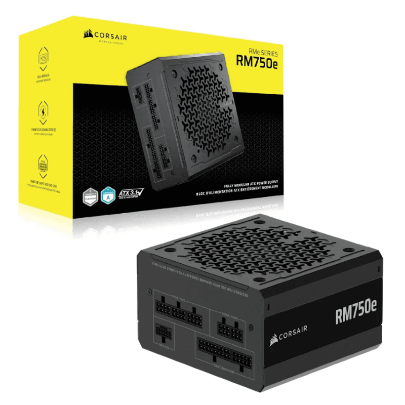 Fuente de Poder Corsair RM750e 750W — ATX 3.1, Modular, 12V-2×6, Cybenetics Gold