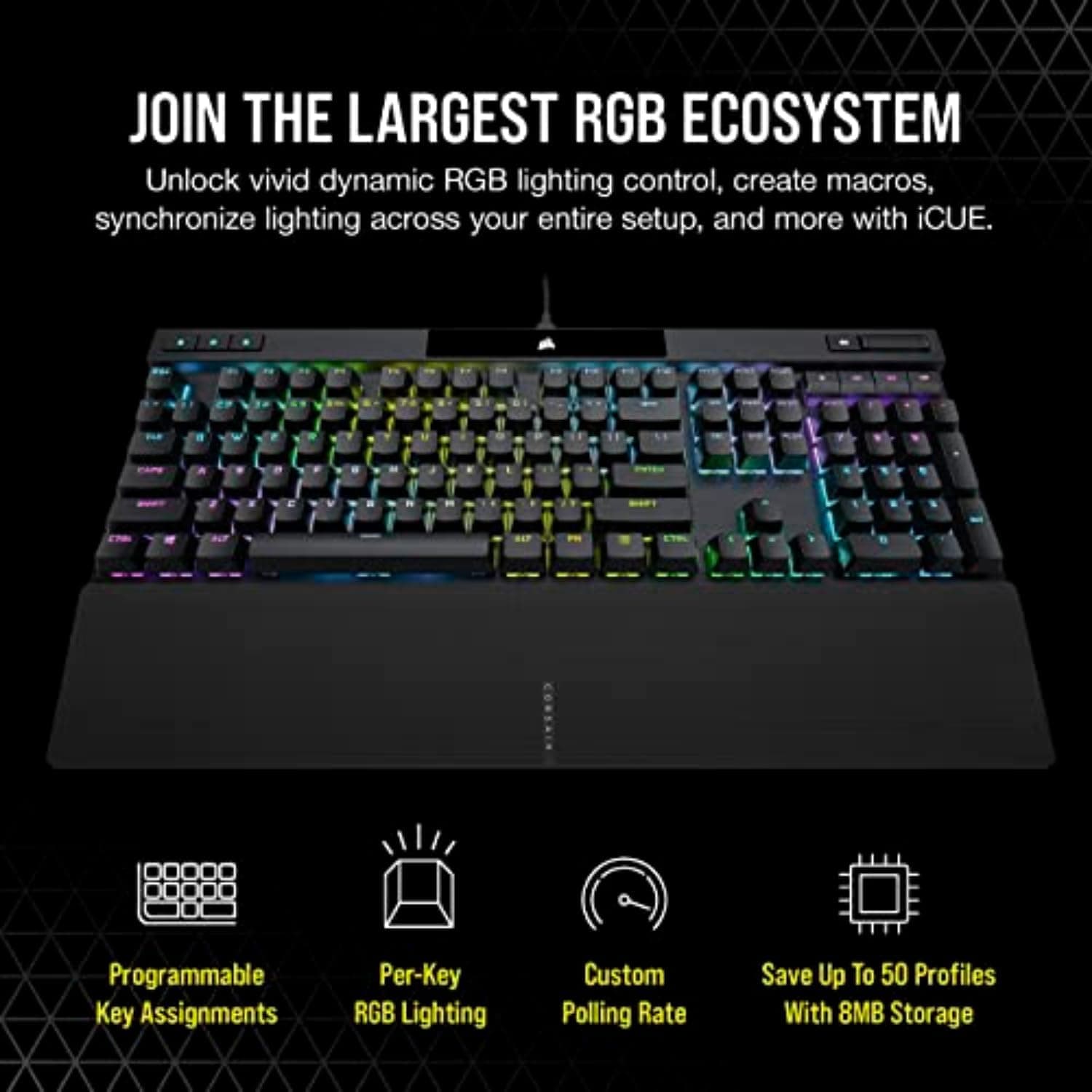 Teclado Óptico-Mecánico Corsair K70 PRO RGB — OPX, PBT Double-Shot, 8000Hz, Negro vista 3