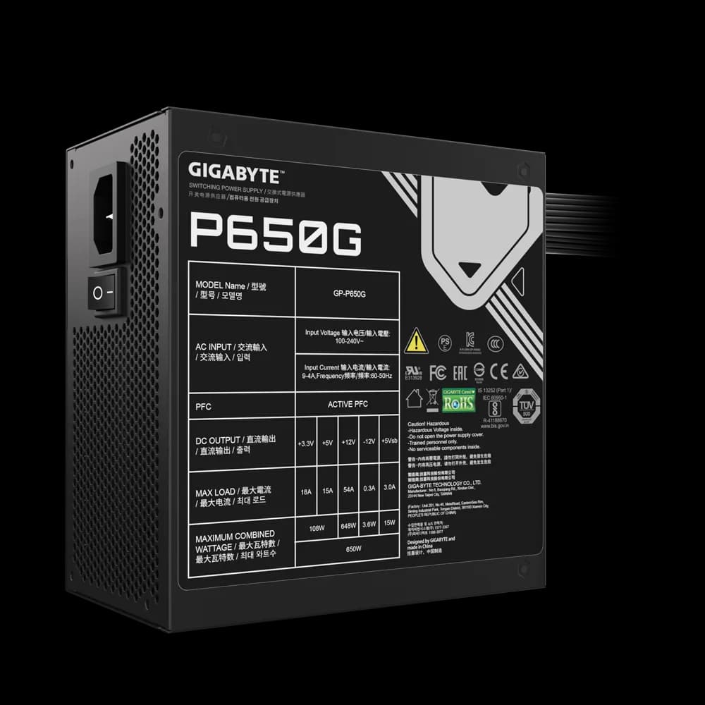 Fuente de Poder Gigabyte P650G 650W 80+ Gold – ATX / Cables Planos Negros vista 3