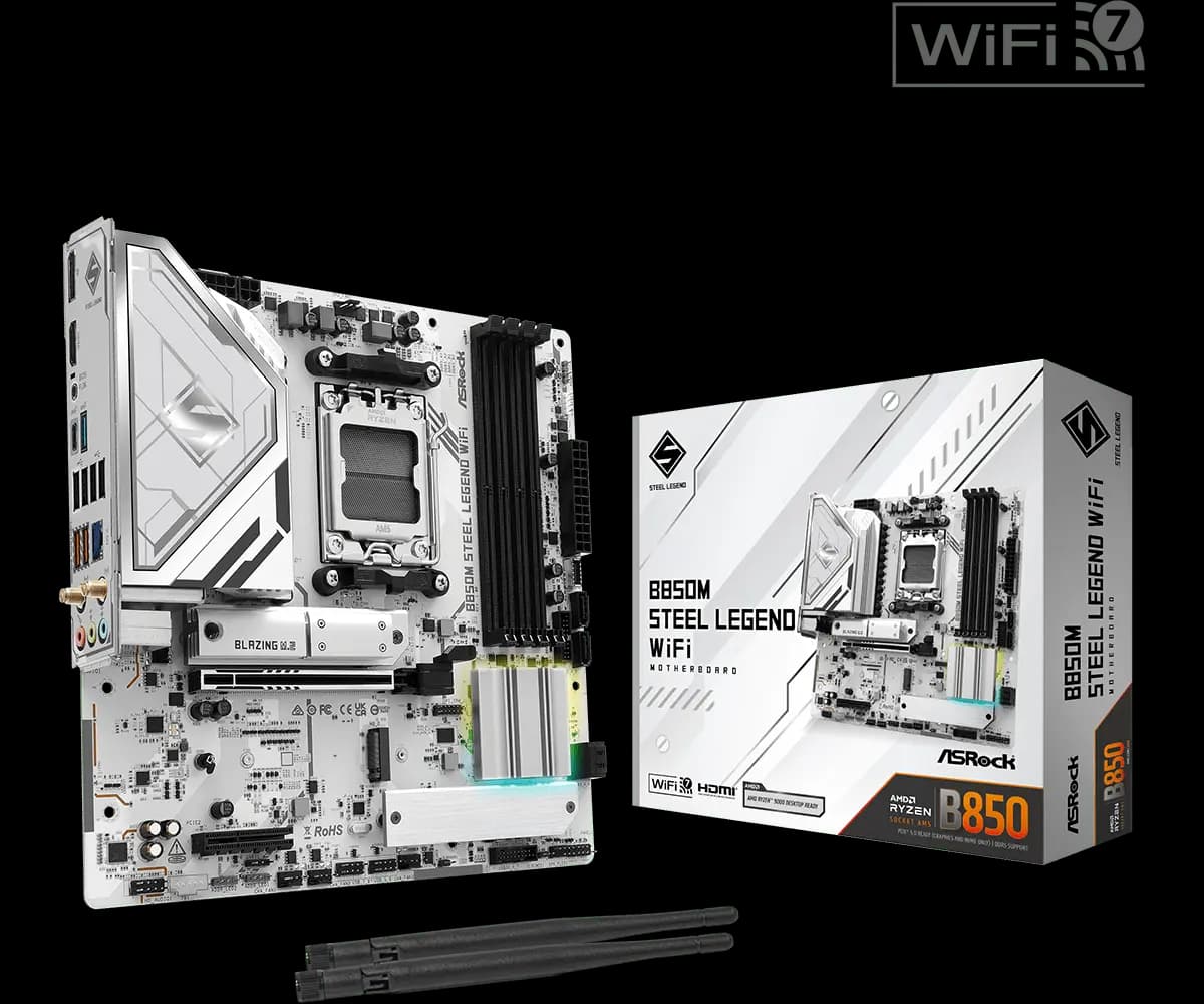 Placa Madre ASRock B850M STEEL LEGEND WIFI – Micro ATX / DDR5 / PCIe 5.0 / WiFi 7 / Ryzen 9000-8000-7000