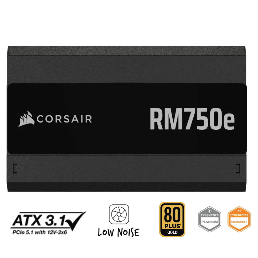 Fuente de Poder Corsair RM750e 750W — ATX 3.1, Modular, 12V-2×6, Cybenetics Gold vista 3