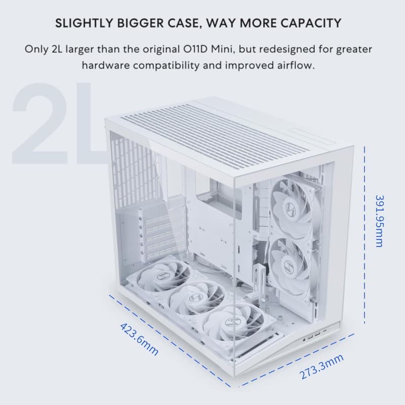 Gabinete Lian Li O11D Mini V2 Flow ATX Blanco con 5 Ventiladores vista 2