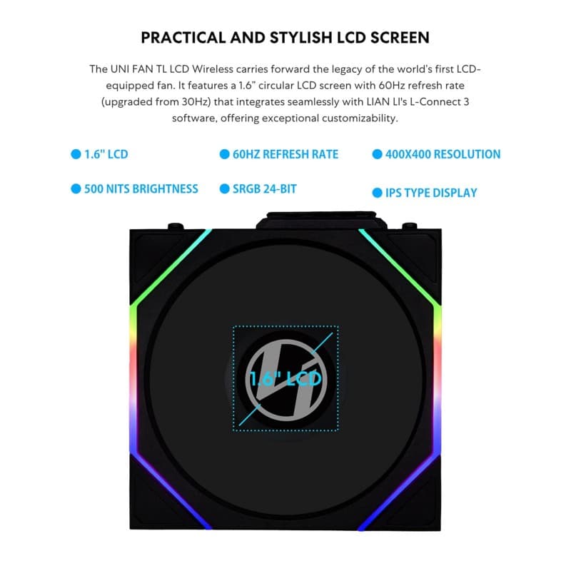 Ventilador Lian Li 140mm UNI Fan TL Wireless ARGB LCD vista 2