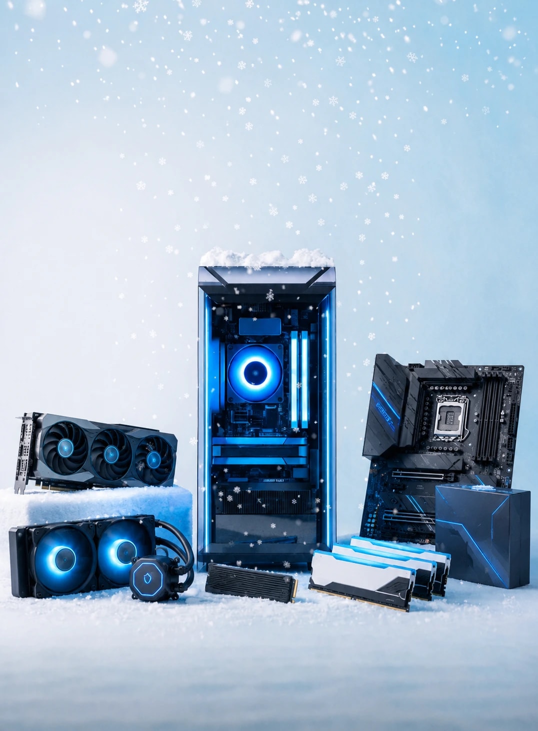 Ofertas de invierno en componentes gamer: tarjeta de video, gabinete RGB, placa madre, refrigeración líquida y memorias RAM sobre nieve