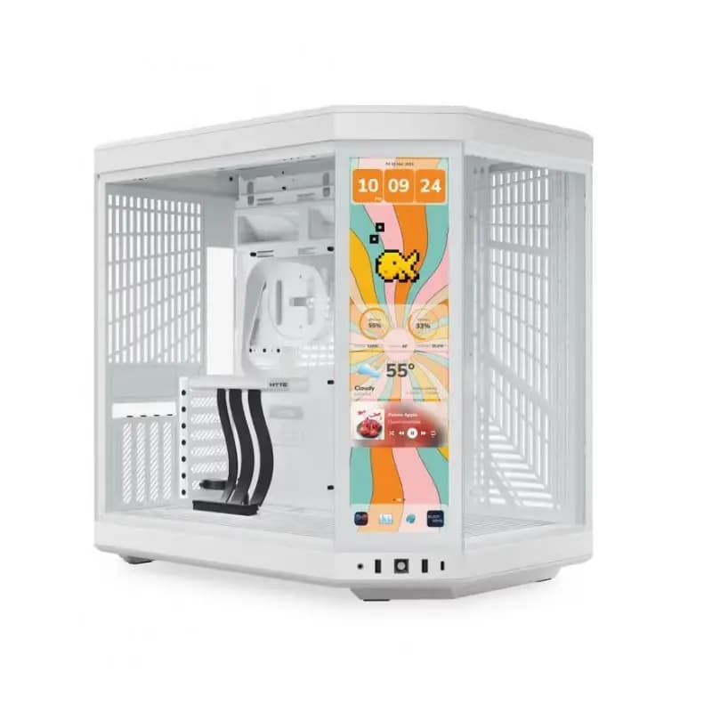 Gabinete HYTE Y70 LCD Snow White ATX — Pantalla 14.9" 2.5K — con Riser PCIe 4.0