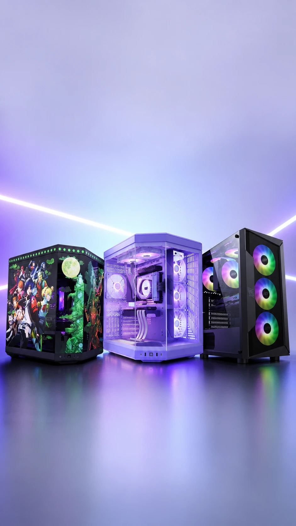 PC gamer armados con gabinetes RGB e iluminación morada — computadores gamer a medida en Chile