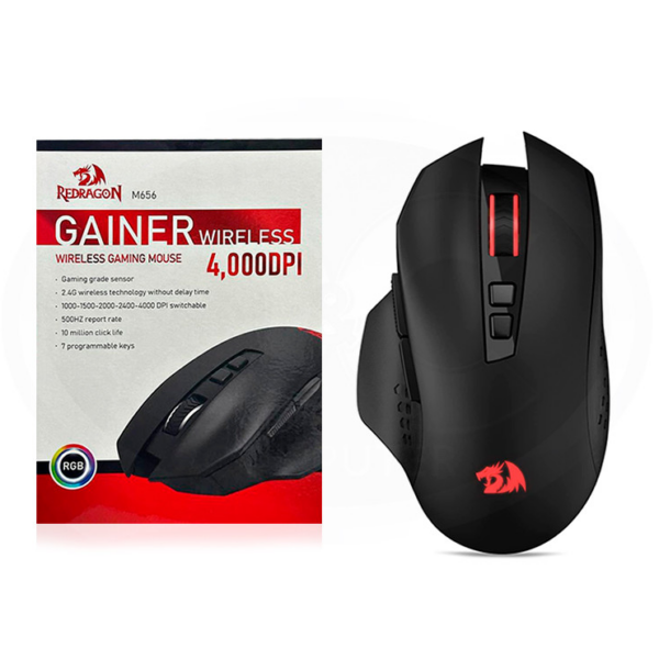 Mouse Gamer Redragon M656 Gainer – Inalámbrico 2.4GHz, 4000 DPI, 7 Botones Programables, Retroiluminación Roja – Negro
