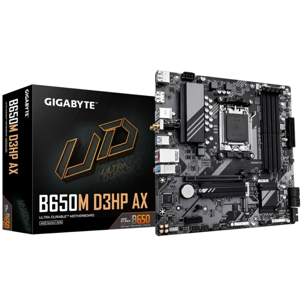 Placa Madre GIGABYTE B650M D3HP AX – AM5, DDR5, PCIe 4.0, Wi-Fi 6E, mATX