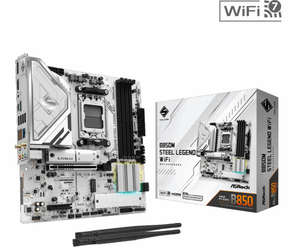 Placa Madre ASRock B850M STEEL LEGEND WIFI – Micro ATX / DDR5 / PCIe 5.0 / WiFi 7 / Ryzen 9000-8000-7000